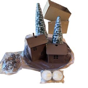 CHRISTMAS Candle Gift Set / Rustic Cabin Luminaries With Pine Forest Candles New